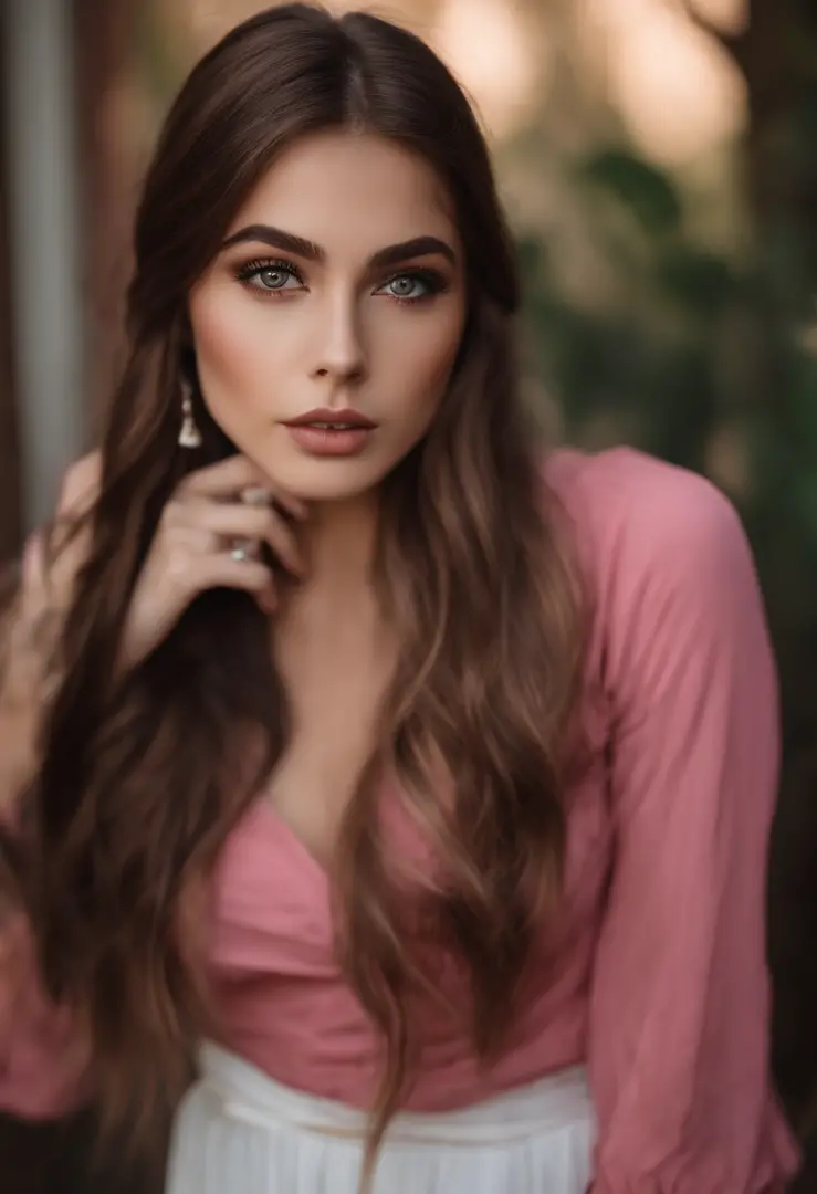 long brown hair，Deep brown pupils，Cute and seductive girl, piercings, pink clothing