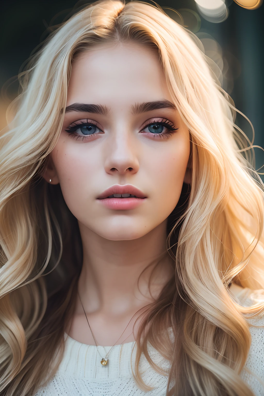 Photo of a 21 years old Italian girl, raw, Beautiful woman, (Extra long wavy blonde hair), ((Portrait)), ((Detailed face:1.2)), ((detailed facial features)), (finely detailed skin), pale skin, Reflectors, (masterpiece) (perfectly proportions)(photos realistic)(Best Quality) (Detailed) photographed in a Canon EOS R5, 50mm Lens, F/2.8, (8K) (Wallpaper) (Cinematic lighting) (Dramatic Lighting) (foco nítido) (Convoluted) Fashion, looking at camera, sweater, portrait, upper body, selfie, full face, front side, above neck view, front view, full head visible, pretty face, nautral beaty