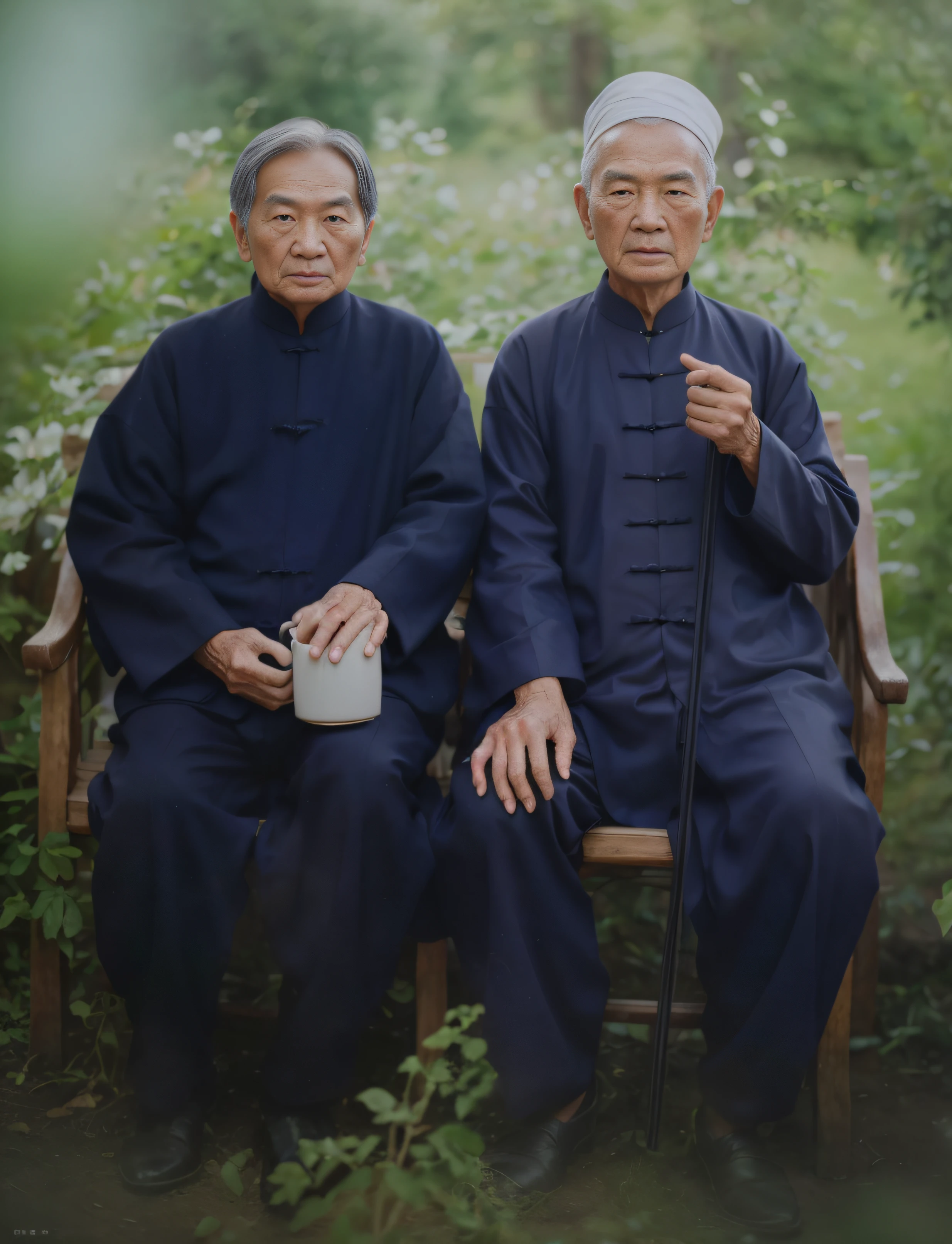 A group photo of an elderly Chinese couple，On the right is an 80-year-old grandmother，Single Eyelids，petty eyes，Face full of wrinkles，hair natural，Face emaciation，Wear traditional Chinese clothes，In his hand he was holding a well-proportioned cup the size of iron porcelain，The fingers are the right size，No extra fingers，Hand real，Sit on a wooden chair，On the left is an 80-year-old grandfather，Face full of wrinkles，without a beard，Good facial features，Symmetrical facial features，The ears are symmetrical and clear，Ultra-clear and realistic facial features，A white towel is wrapped around his head，He is wearing traditional Chinese clothing，The texture of the clothes is clear，Ultra-clear texture，Camera shooting effect，Light and shadow are natural，symmetrical clothes，Clothing buttons are evenly distributed，Ultra-clear and realistic，In his left hand, he held a cane and pestle on the ground，sit on chair，8K,Very detailed eyes and face,hyper-detailing, High definition, Very detailed, There are meadows under your feet，The background is a grove，Best quality, Masterpiece, , Realistis, Real, 8K wallpaper,Background details for foreground objects (Masterpiece: 1.2) (Photorealistic: 1.2) (Bokeh: 1.2) (Best quality) (Color grading) (Detailed skins: 1.3) (complex) (8K)(Movie lighting: 1.3) (Sharp focus), Glossy glossy skin, Front Ultra HD, Digital SLR, Soft lighting, High quality, Skin texture, filmgrain, Close up, 超高分辨率,no extra finger，clear hand，realistic hand