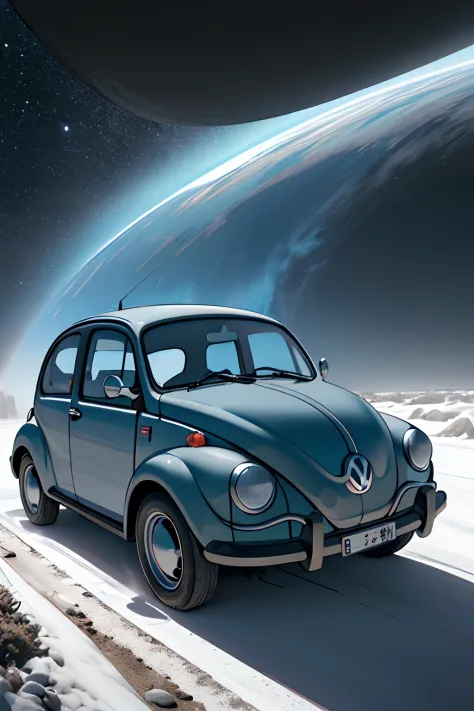 Volkswagen Fusca futurista preto em uma rodovia interdimensional. Cosmic horror setting with Lovecraftian monsters nearby, arte ...