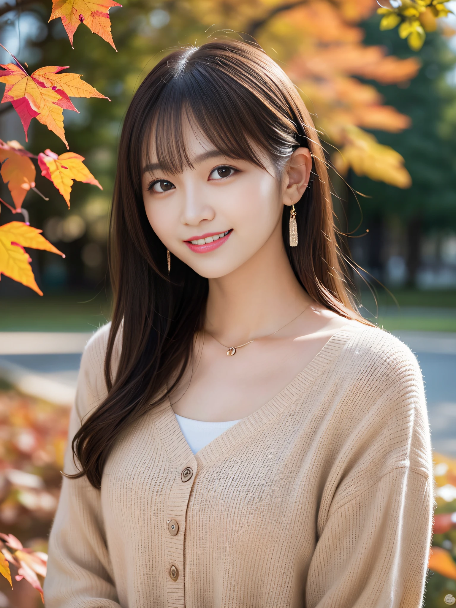 MASTEPIECE, best quality, illustration, ultra-definition, detailed, high resolution, 8K wallpaper, blur background. Solo, woman in her 20s, perfect dynamic composition, beautiful detailed eyes, winter clothes, light brown blouse, short bomb, chest, natural colored lips, random pose, smiling with a little tooth showing, beautiful park with autumn leaves