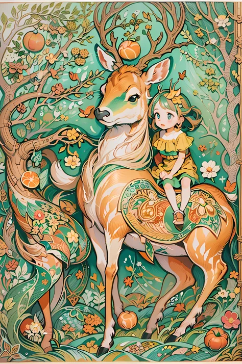 ((Artistic Camerawork)) The antlers of the deer grow and grow and grow and grow and grow and grow and bear fruit. Birds and butterflies gather to eat the deer nuts, and a girl rides on the back of a deer.(watercolor paiting) (Colored pencil outline) (Dull ...