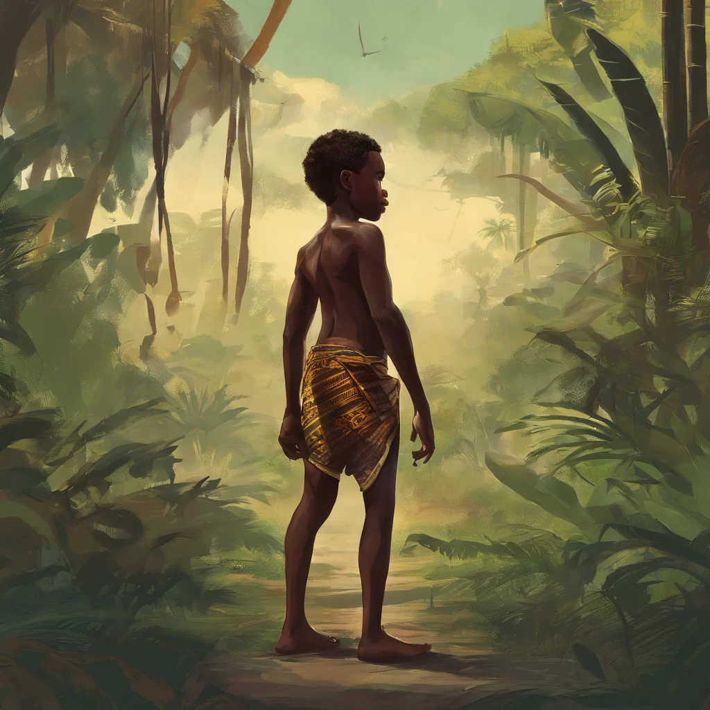 A painting of a young boy standing in the jungle - SeaArt AI