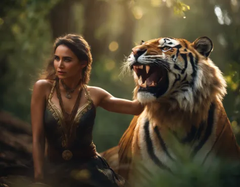A giant wild saber-toothed tiger protects a beautiful primitive woman witch
(Master parts: 1.5) (Fotorrealista: 1.1) (Bokeh) (Best quality) (The skin、pores、Detailed texture of hair: 1.1) (复杂) (8K) (hdr) (Wallpapers) (Cinematic lighting) (foco nítido )