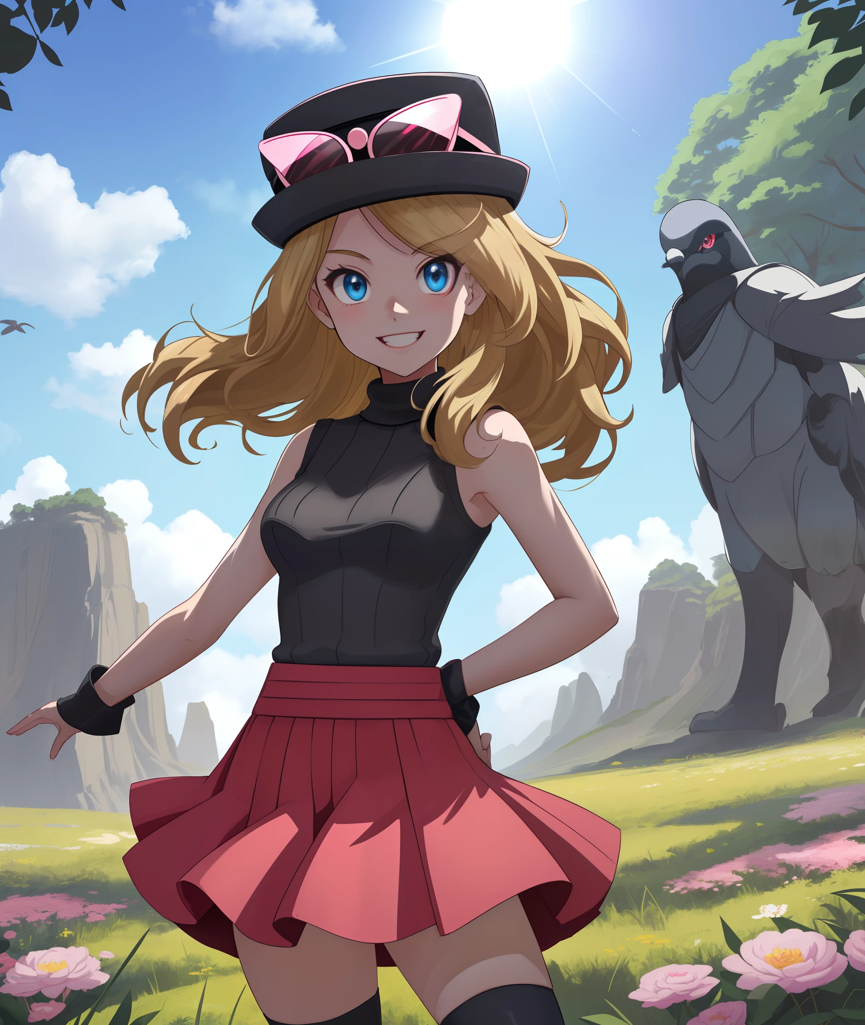 [Serena_(Pokemon)], [Uploaded to rule34.xxx; (kingmaster), (shosho_oekaki), (nekololisama)], ((masterpiece)), ((HD)), ((detailed shading)), ((1girl)), ((solo portrait)), ((cowboy shot)), ((front view)), ((cute anime girl)), {(long dirty blonde hair), (cute blue eyes), (gorgeous hips), (beautiful legs), (defined legs), (beautiful lips), (excited smile)}, {(black turtleneck sweater), (sleeveless), (short red skirt), (black opaque thigh-high socks), (pink hat on head), (sunglasses on hat), (upskirt white panties)}, {(standing), (arms behind back), (pigeon-toed), (looking ahead)}, [background; (flowers), (grass plains), (blue cloudy sky), (sun rays)]