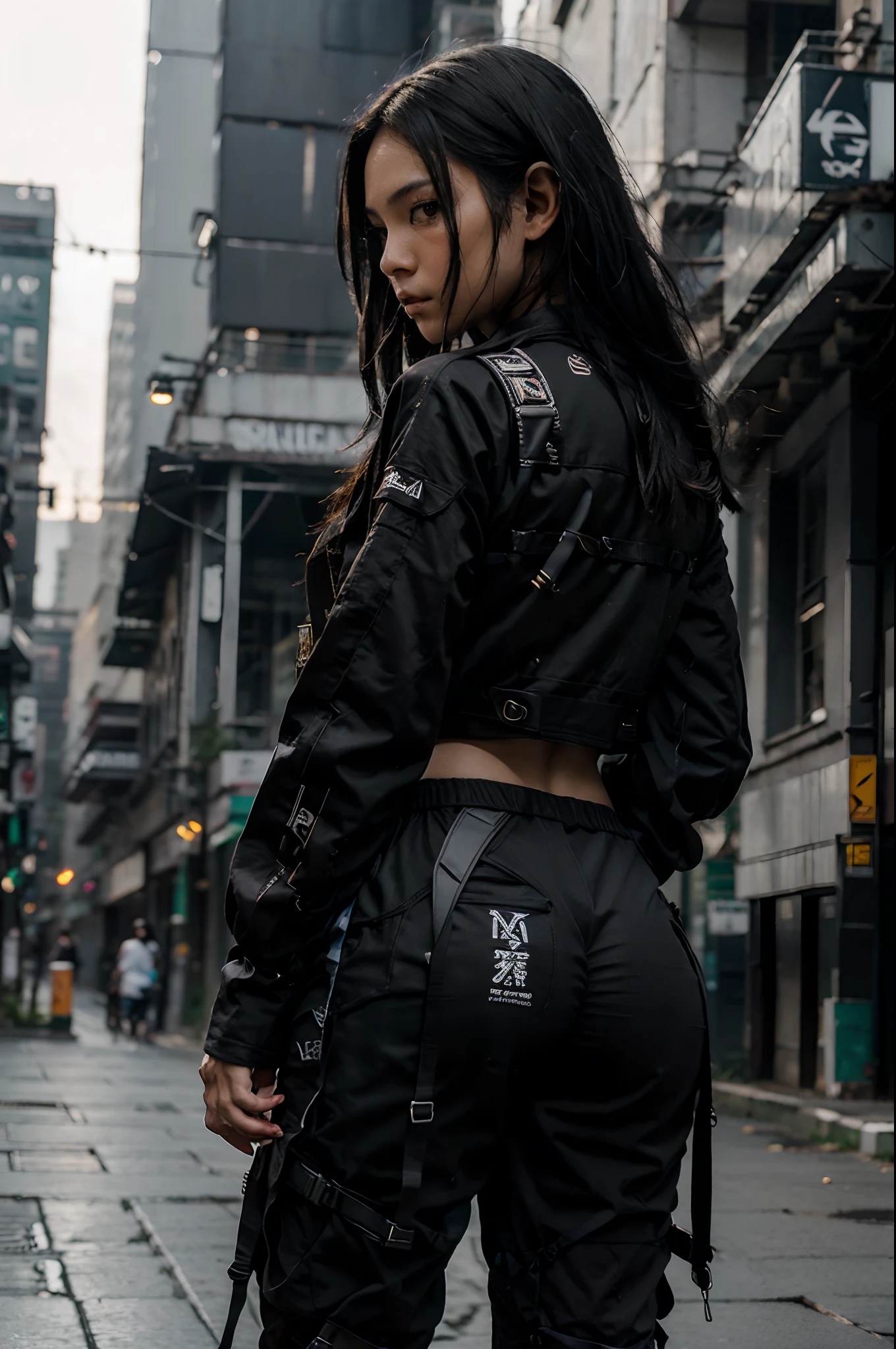masterpiece, best quality, solo, Detailed face, perfectly proportions, photos realistic, ,Photo of mature thailand college girl , long black hair, urban techwear, outfit, blurry background, eye focus, cowboy shot, huge city background, looking over back, dramatic light, cinematic light,
