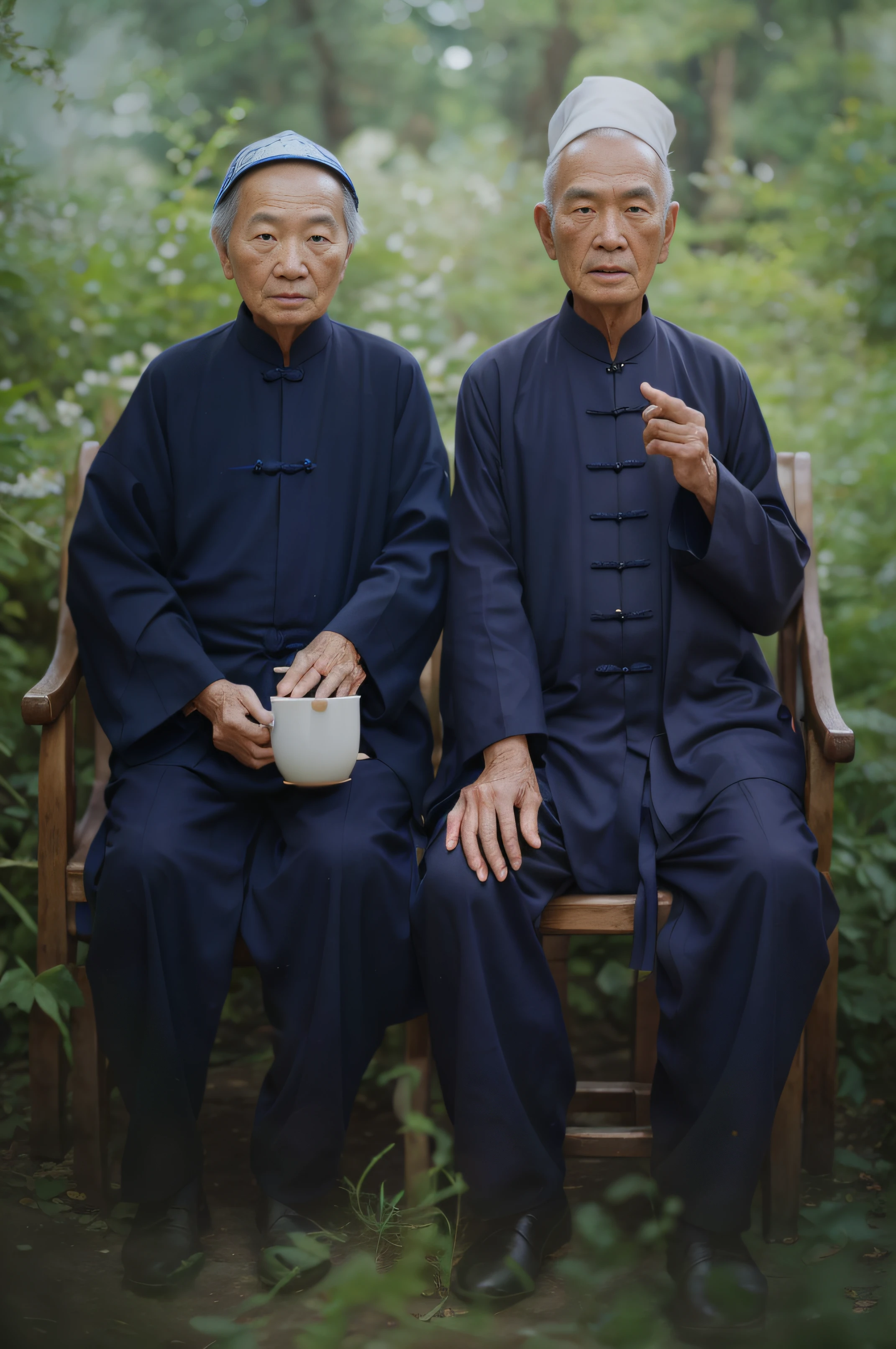 Two asian men sitting on a bench with a cup of tea - SeaArt AI