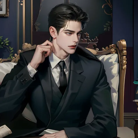(Photorealistic:1.4), (best quality, masterpiece:1.2), details, (handsome:1.1) man, (black suits), (tie), (expensive watch), (gelled hair), (spectacles), (veined hands), office, CEO, (wine), (luxurious), (modern), (spacious) room Explanation: - (best quali...