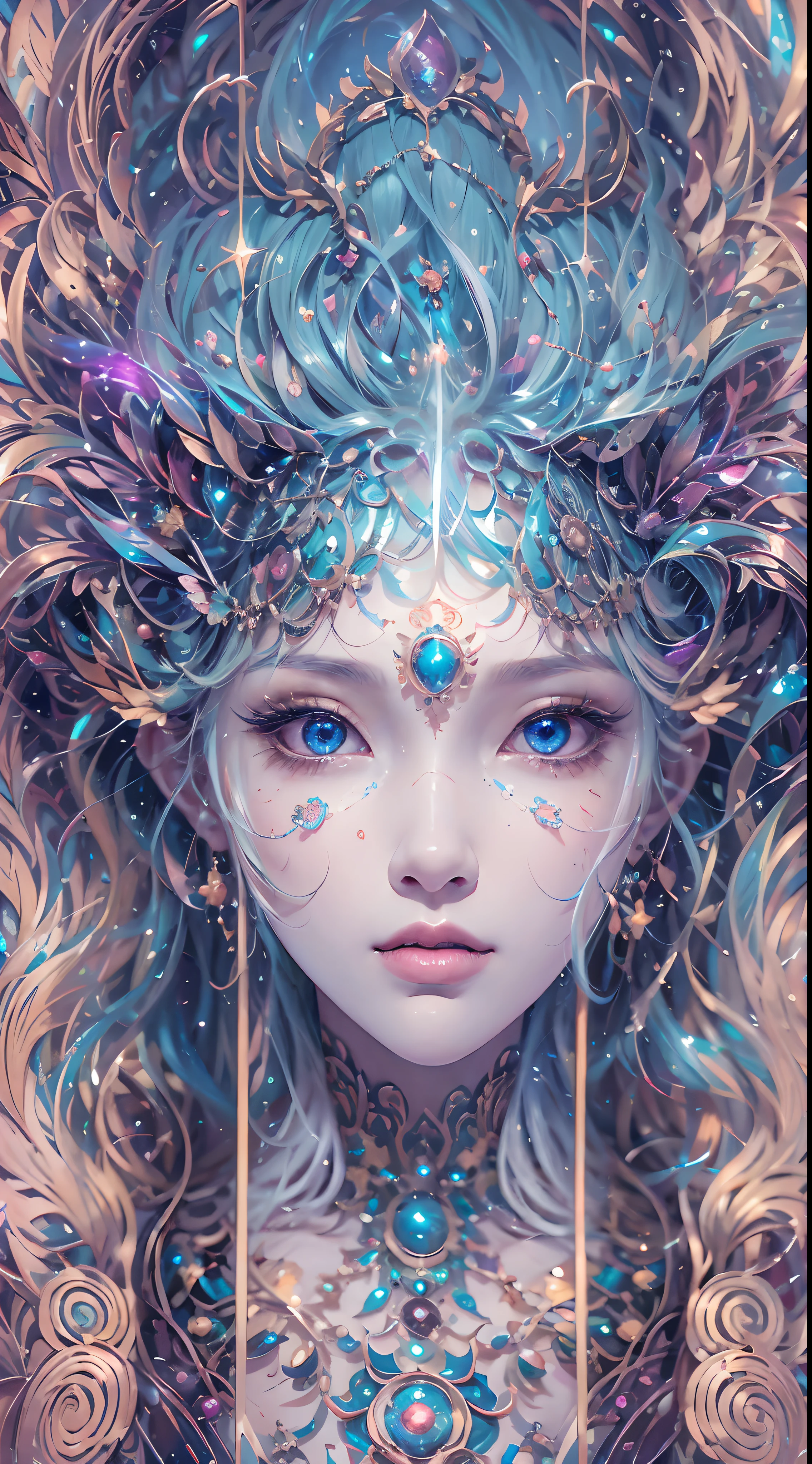（best qualtiy，ultra - detailed，Most Best Illustration，Best shadow，tmasterpiece，A high resolution，professionalartwork，famousartwork），Sky blue picture style，Detailed eyes，beautidful eyes，closeup cleavage，sci-fy，colored sclera，Robot eyes，face markings，Tattooed with，（fractalized，Fractal eyes），largeeyes，Wide eyes，（Eye focus），sface focus，Cosmic eyes，Space eyes，Close-up of metal sculpture of a woman with a moon in her hair，goddes。extremly high detail，3 d goddess portrait，Extremely detailed footage of the goddess，a stunning portrait of a goddess，Full body close-up portrait of the goddess，hecate goddess，portrait of a norse moon goddess，goddess of space and time，PureErosFace_V1，Urzang-6500-V1 version.1，