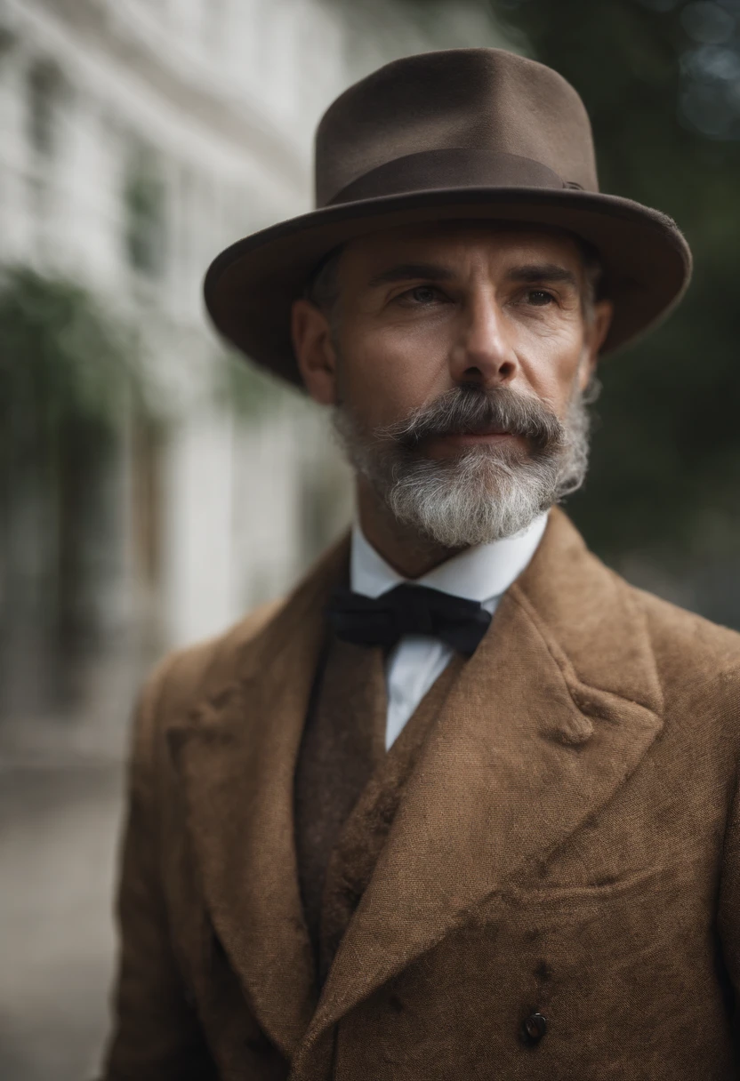 Generate me a handsome old businessman, barbe  blanche,chapeau noir de l'epoque 1950, Realistic in Portrait, hyper realiste, costume noir,chemise blanche, regarde l'objectif, est assis dans une synaguogue, a la regard percant, est remplis de douceur, longue barbe blanche et chapeau, cheveux tres court