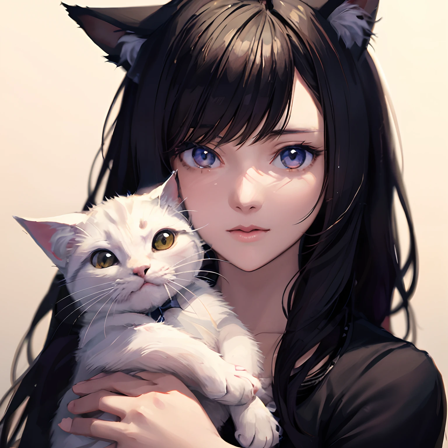 Anime girl with white cat cat ears and long hair, Anime girl with cat ears, beautiful anime catgirl, attractive cat girl, very beautiful cute catgirl, portrait of ahri, beautiful young catgirl, realistic anime cat, Art Germ. Anime Illustration, Very Beautiful Anime Cat Girl, Guviz-style artwork,Surprised look