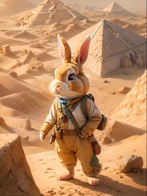 In the vast desert, A rabbit excitedly embarks on an adventure. Wear a specially made explorer's outfit. The outfit also has small pockets，Necessary tools and food can be carried, Wears a wide-brimmed straw hat，A bright silk scarf is tied on it, The eyes s...