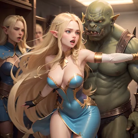 Outraged 20-year-old blonde elf girl with long wavy hair and blue eyes, in a ripped blue dress with gold embroidery. 1 orc, green skin, in leather clothes. opened mouth. An argument with an orc in the office. She breaks free from the clutches of the orc.  ...