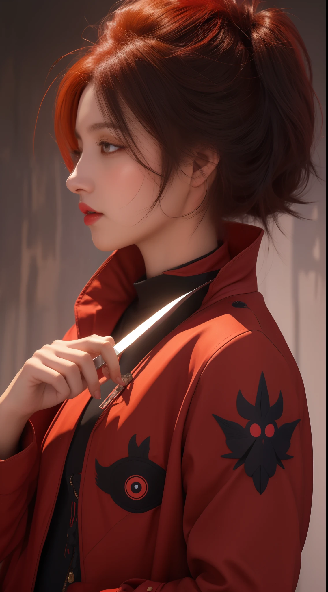 anime character with red eyes and a red jacket holding a knife, gapmoe yandere grimdark, ken kaneki, kaneki ken, gapmoe yandere, yandere, neferpitou, yandere intricate, portrait gapmoe yandere grimdark, artoria pendragon, avatar image, l vampire, epic anime style, red-eyed, red - eyed, ultradetailed, upscaled,spider tattoo,high quality, bold and majestic look,side profile, Side profile
