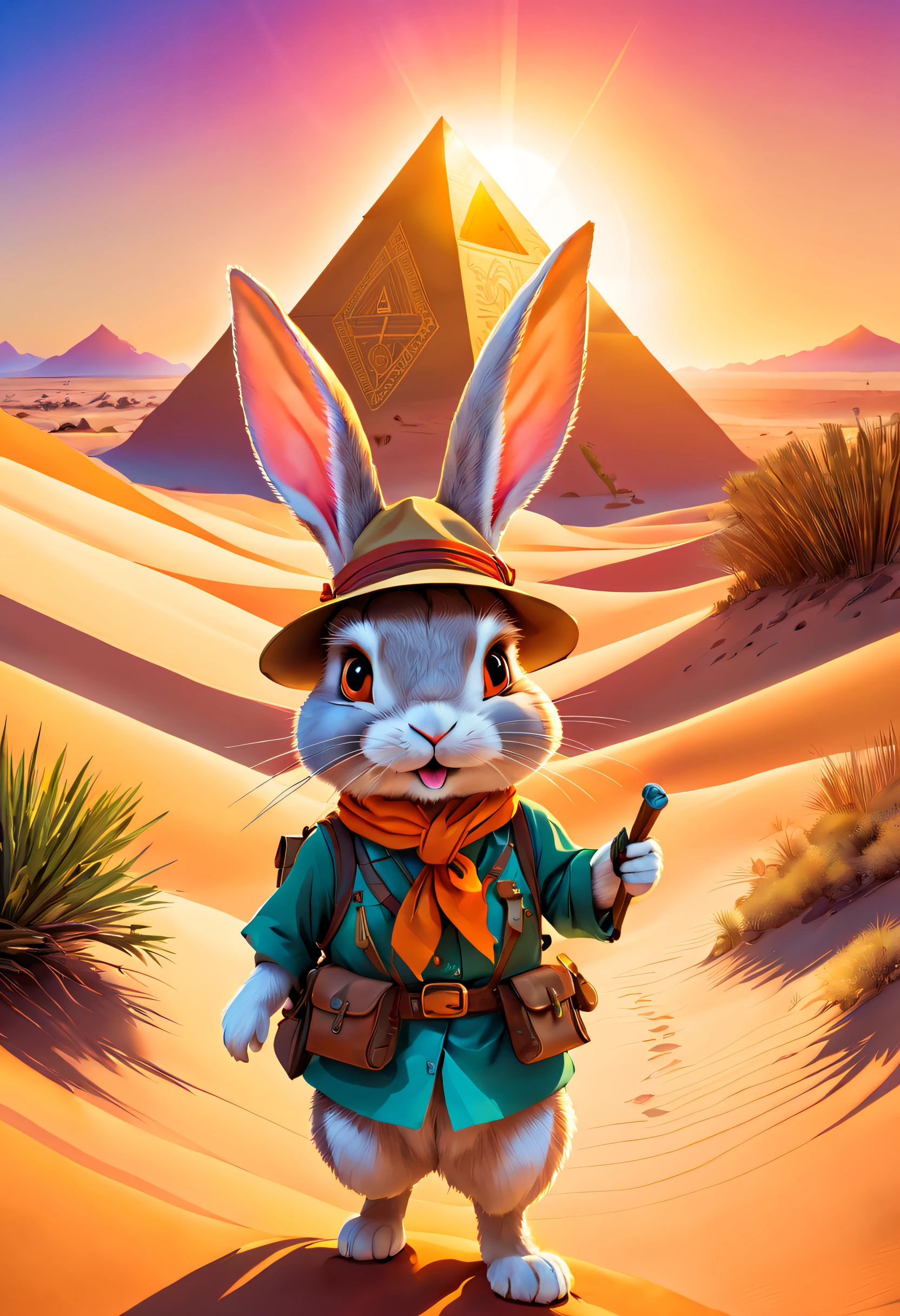 在廣闊的沙漠裡, 一隻小兔子興奮地踏上了冒險之旅. 穿上特製的探險家服裝. 這套衣服還有小口袋，可攜帶必要的工具和食物, 頭戴寬邊草帽，上面繫著一條亮麗的絲巾, 戴著時髦的橘色太陽眼鏡後，眼睛閃爍著好奇的光芒, 在她手裡, ((兔子拿著一張舊地圖))，上面標示了沙漠金字塔的位置. 穿越沙丘和沙漠植被, 一步一步來, 你將能夠到達目的地. 高聳的建築是用金沙築成的，在陽光下閃閃發光. 它的表面雕刻著神秘的符號和圖案, 夕陽在金字塔上投射出溫暖的光芒, 小兔子開始爬上金字塔陡峭的表面. 她仔細尋找每一個立足點和突出的石頭，確保她的安全. 當她終於到達山頂時, 她被壯觀的沙漠景色所震撼. 從金字塔的頂端, 露露可以看到一望無際的沙漠一直延伸到遠方. 陽光照亮了金色的沙丘, 派對動物風格, (吉卜力風格的色彩, 電影燈光, 第一人稱視角, 視角, 全景, 超廣角, 超高畫質, 解剖學正確, 傑作, 準確, 得獎, 最好的品質)，動物風格, 打扮的動物頁面