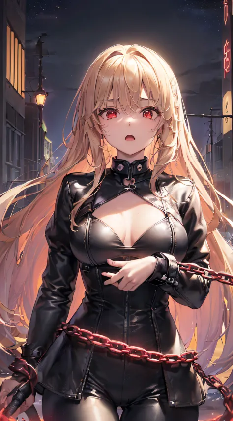 top-quality、Top image quality、​masterpiece、girl with((cute little、18year old、Best Bust、Medium bust、Bust 85,Red eyes to issue、Breasts wide open,Valley、Blonde long hair、A slender、Black leather bra、Black leather jacket、White trousers、astonished face、Follow yo...