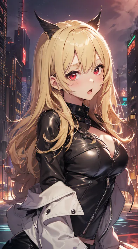 top-quality、Top image quality、​masterpiece、girl with((cute little、18year old、Best Bust、Medium bust、Bust 85,Red eyes to issue、Breasts wide open,Valley、Blonde long hair、A slender、Black leather bra、Black leather jacket、White trousers、astonished face、Weightles...