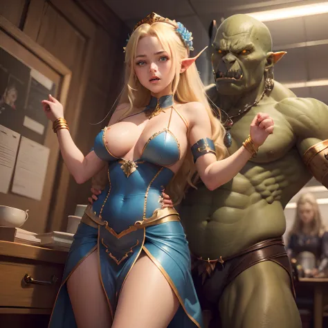 1 Outraged 20-year-old blonde elf girl with long wavy hair and blue eyes, in a ripped blue dress with gold embroidery. 1 orc, green skin, in leather clothes.  An argument with an orc in the office. She breaks free from the clutches of the orc.  delicate de...