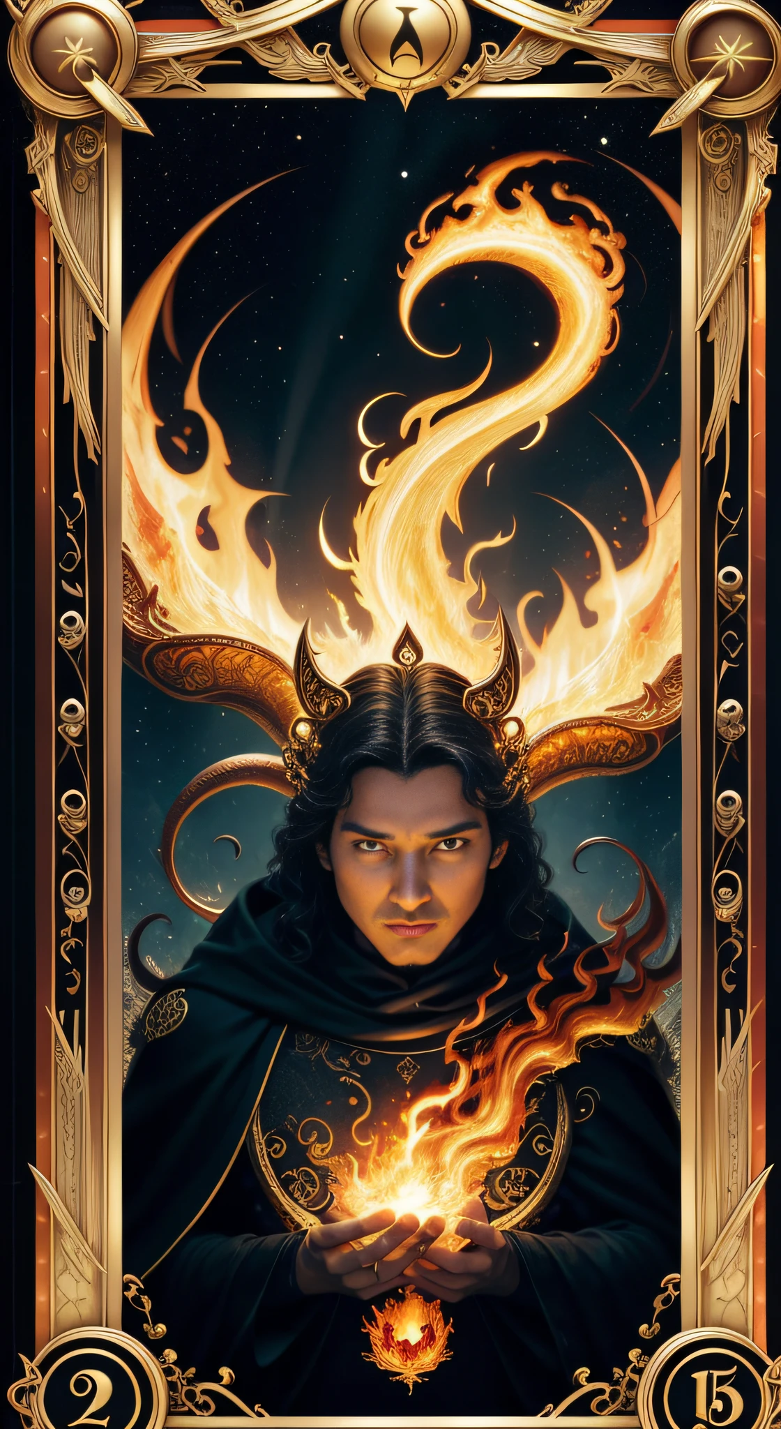 tarot cards，Full tarot border，(The image is surrounded by a tarot card-style border:1.8),The back of the card，Hades，Wearing：a black cloak，Giant scythe，Great giants，Roman mythology，8k wallpaper, Ultra-detailed, Beautiful and aesthetically pleasing, tmasterpiece, best qualityer, (s fractal art: 1.3), erupting volcano, extremely detaile, dynamic angle, Cowboy shot, The most beautiful forms of chaos, elegant, Fauvistdesign, vivd colour, romanticism lain, hell, Buble, shells, Blood, pearls，magma,火焰, Libra, skulls, Vintage style，（zentangle，datura，Tangles，entangled）， (s fractal art: 1.3)，holy rays，gold foil，Gold leaf art，glitter drawing，Full tarot border，（Full border 1.5），Fang Yi，（The border is centered at 1.8），(theelementoffire:1.4),Composed of fire elements，Highly realistic,Sci-fi lighting effects,Flame,hoang lap，climaxing，Looking down from above，simple backgound：