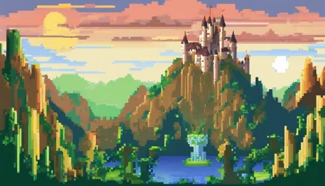 castle in mountain,green mountain,Forest,Sun light, blue sky, evening
