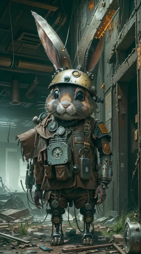 (Best quality,4K,8K,A high resolution,Masterpiece:1.2),Ultra-detailed,(Realistic,Photorealistic,photo-realistic:1.37),steampunc,illuminations,Cityscape,Abandoned,废墟,An adventurous bunny in an adventurous costume, Carrying an explorer's backpack,Explore the...