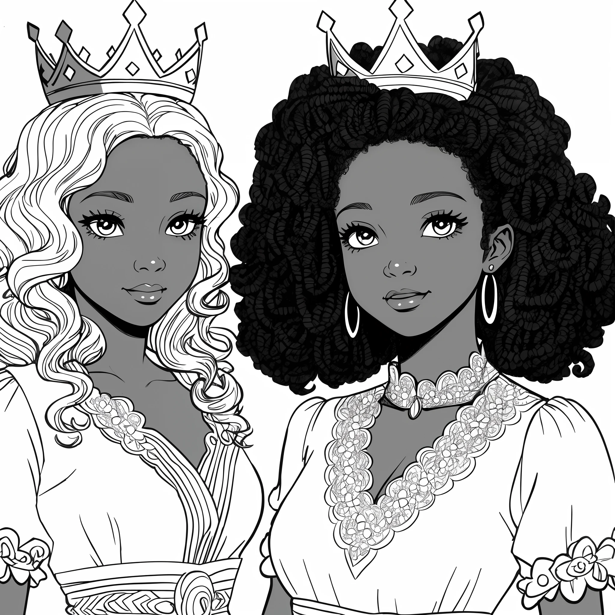 Duas mulheres negras e brancas com tias e coroas - SeaArt AI