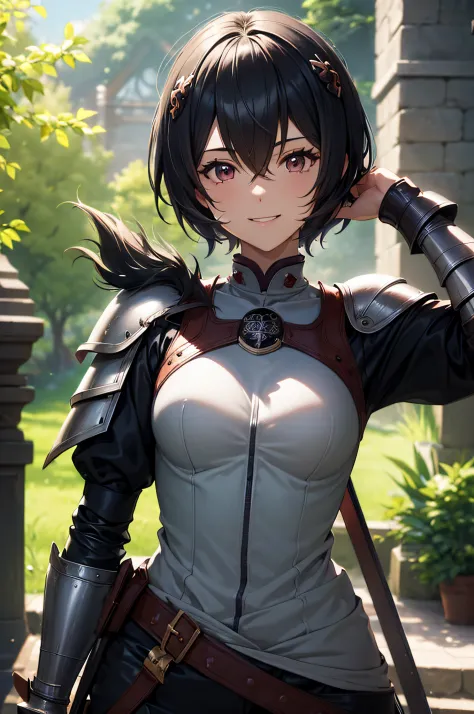 ((masutepiece)), (best quality),８ｋwall-paper、a dark-haired、so short hair、１６age、girl with、leather armor、the sword、adventurer、fant...