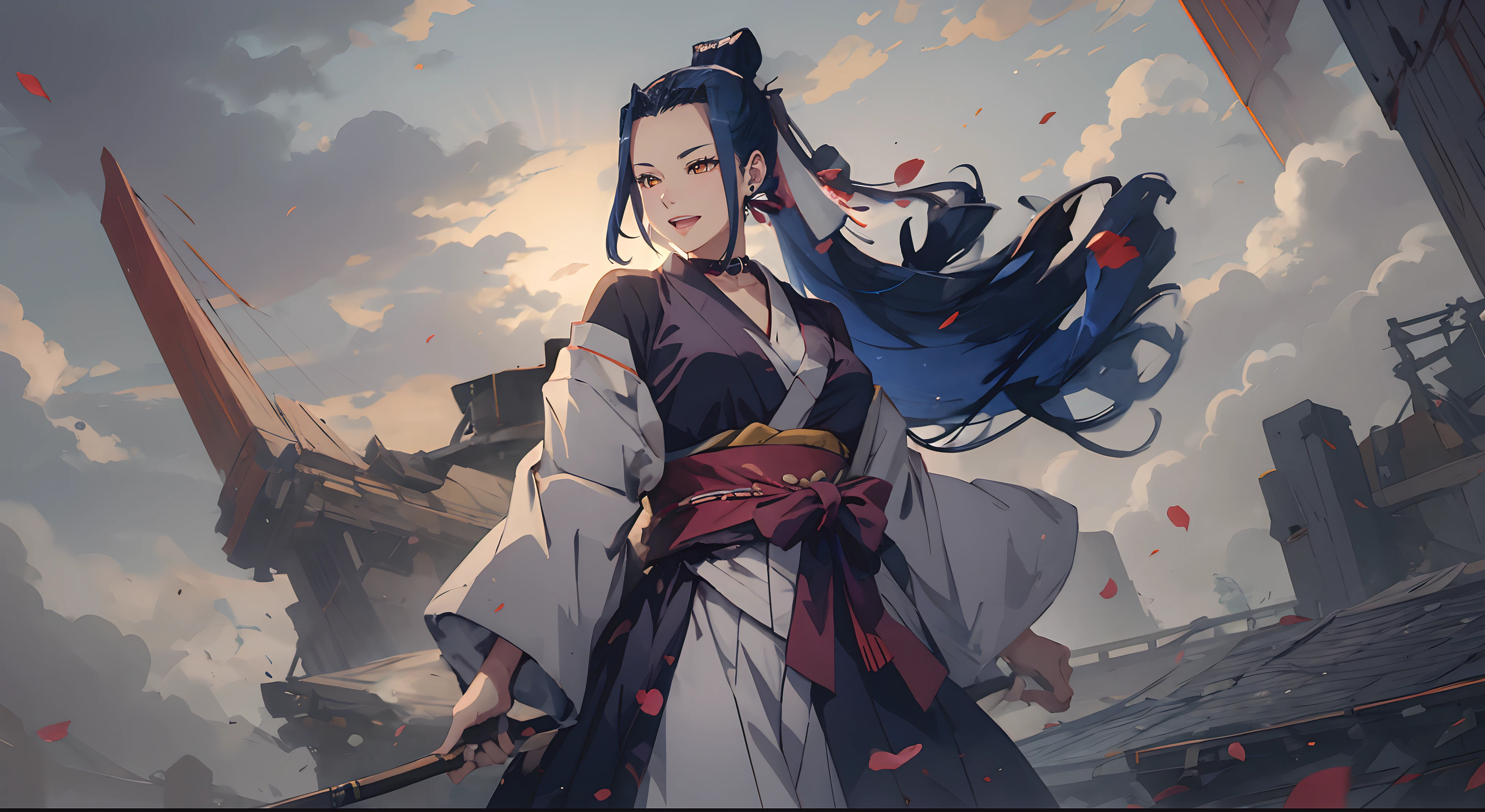 kokuyou, blue hair, ponytail, yellow eyes, petals, 1girl, breasts, cloud, sky, choker, kimono, cleavage, wide_sleeves, wind, japanese_clothes, sash, looking_at_viewer, cloudy_sky, black_kimono, letterboxed, long_sleeves, rose_petals, solo, large_breasts, obi, bare_shoulders, standing, cowboy_shot, red_lips, mole, outdoors, floating_hair, mole_under_eye, collarbone, black_choker, cherry_blossoms, falling_petals, parted_lips, "Vector art, Vivid colors, Clean lines, Sharp edges, Minimalist, Precise geometry, Simplistic, Smooth curves, Bold outlines, Crisp shapes, Flat colors, Illustration art piece, High contrast shadows, Technical illustration, Graphic design, Vector graphics, High contrast, Precision artwork, Linear compositions, Scalable artwork, Digital art", (anime coloring, anime screencap:1.4)