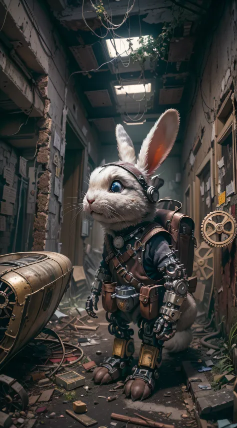 (Best quality,4K,8K,A high resolution,Masterpiece:1.2),Ultra-detailed,(Realistic,Photorealistic,photo-realistic:1.37),steampunc,illuminations,Cityscape,Abandoned,废墟,(Adventure bunny in an adventure costume), (Carrying an explorer's backpack),(Explore the h...