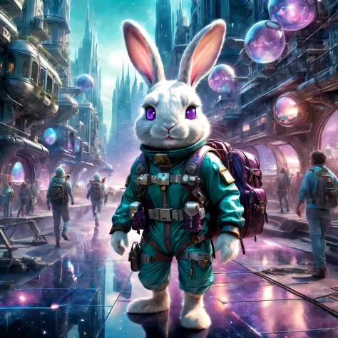 ((Best quality)), ((Masterpiece)), ((Realistic,Digital art)), (ultra - detailed),DonMC3l3st14l3xpl0r3rsXL city, An adventurous bunny in an adventurous costume, Carrying an explorer's backpack,technologies, sci-fy, Futuristic , 8K, hdr,