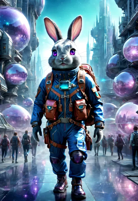 ((Best quality)), ((Masterpiece)), ((Realistic,Digital art)), (ultra - detailed),DonMC3l3st14l3xpl0r3rsXL city, An adventurous bunny in an adventurous costume, Carrying an explorer's backpack,technologies, sci-fy, Futuristic , 8K, hdr,