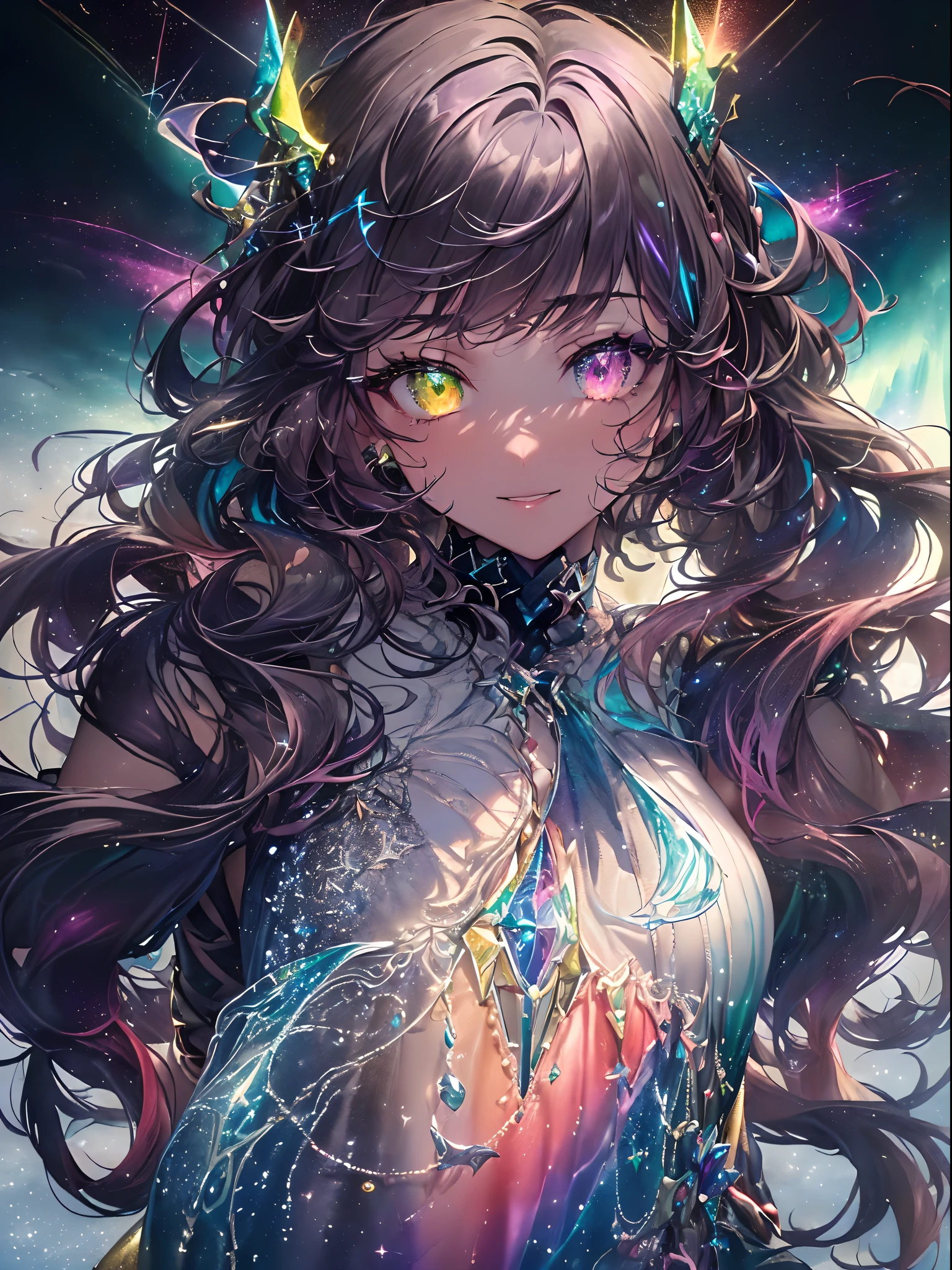 Dark Focus , (Dark gradient watercolor :1.5, Lens Flare:1.5 , Glitter :1.5), （The arms are big wings:1.5、Flying wing aircraft、Harpies in Greek mythology:1.5）、full body Esbian、monstergirl、Glow , Dreamy , Dark background、Grid illusion, Colorful, girl、(((Dark sea background:1.5,Psychic in the background:1.5))),((extremely detailed eye:1.5)),{{{Ultra 8K resolution}}},((masutepiece, of the highest quality, Beautiful and aesthetic: 1.2)),{{hyper detailed masterpiece: 1.7}}, {{Cinematic lighting}},(The hair　Transparency:1.5）,(dark hue:1.5，Dark Tone，Big aurora borealis background in the dark:1.5、The Darkness:1.5，Cold reflection:1.5，The edges of the object are reflected by a rainbow:1.5) 、(Golden ratio: 1.2), (Full body: 1.2), (Super Detail: 1.3), (girl with: 1.3), (Fractal Art: 1.3), {{{Glitter Pupil:1.25}}}) , ((rainbow-colored hair:1.2、colourful hair、Half blue and half red hair:1.5,Shiny hair: 1.2)), (Heterochromia), (full body Esbian), (Hyper-detailing), ((delicate detail)), (intricate-detail), ((Cinematic Light, Highest quality backlight)), High contrast, {{{The best lighting, Very delicate and beautiful}}}, (( Cinematic Light)), (ray trace reflection, Glow), (((glowing aura)), {{{Glowing hair:1.25}}}, ((Super Detail)), (8K)), ((a closeup)), ((Brown skin)), ((Seductive smile)) ,((high angle full body shot)), (Full body:1.2)、(firmament:1.5)