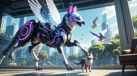 An enchanting scene where AI pets reign supreme—imagine a bustling cybernetic park filled with AI dogs chasing holographic frisbees, robotic cats gracefully lounging on levitating windowsills, and mechanical birds fluttering their wings with pixelated plum...