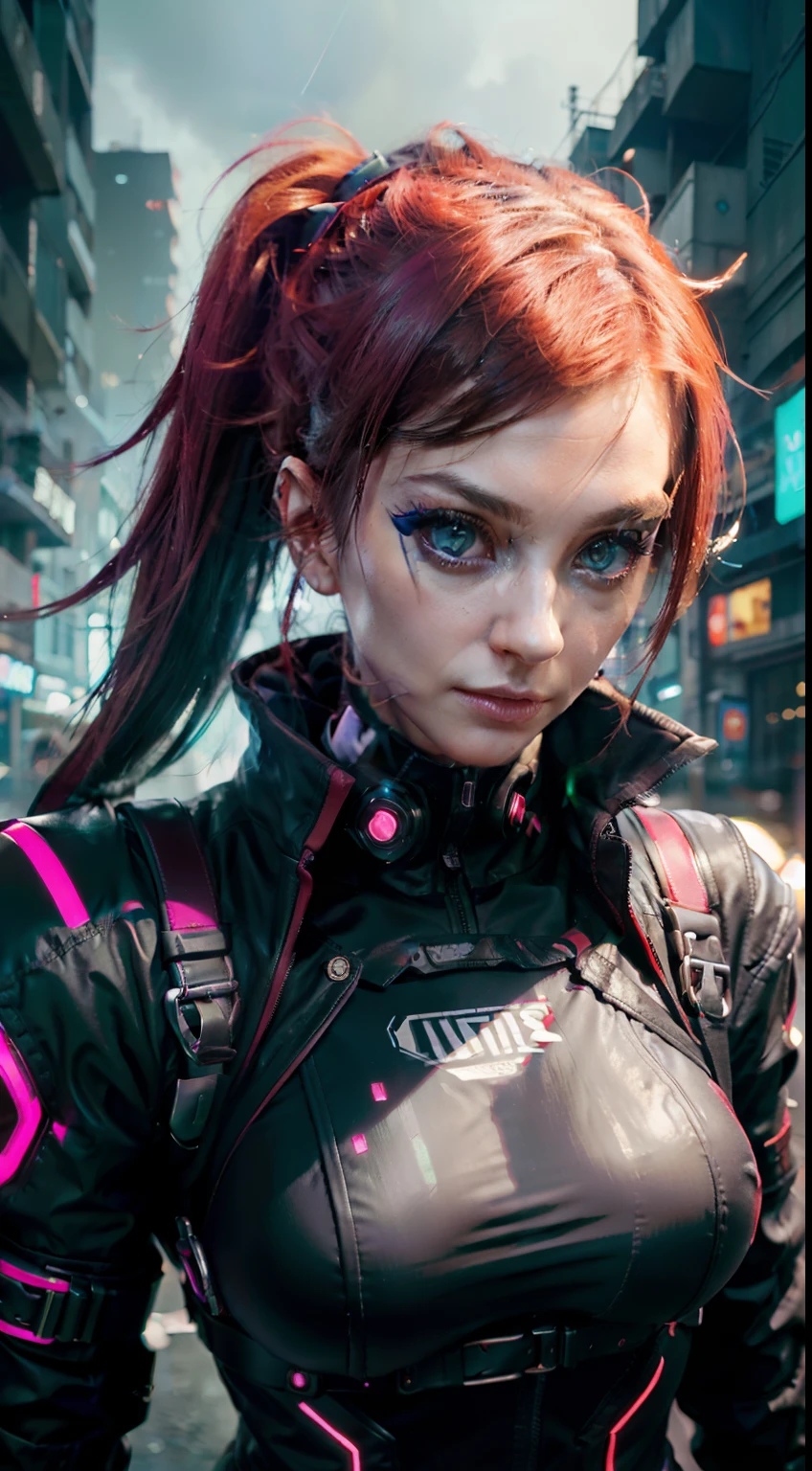 portrait,Female,assassin,Cyberpunk,dystopique,futuriste,sharp features,yeux expressifs,Red neon lighting,Edgy hairstyle,mysterious aura,Tenue en cuir,Technologie de pointe,Glowing Cybernetic Upgrades,Position puissante,Smoke-filled background,expression sinistre,Arme dangereuse,Cityscape,Vue au niveau de la rue,nuit,high contrast,environnement urbain,Implants technologiques,ruelle sombre,neon signs,Reflection on the rain-soaked road,Meticulous details,Best quality,high resolucion,photoreallistic,Art conceptuel,Couleurs vives,pose dynamique,hybride homme-machine,Mode Cyberpunk,Enhanced Senses