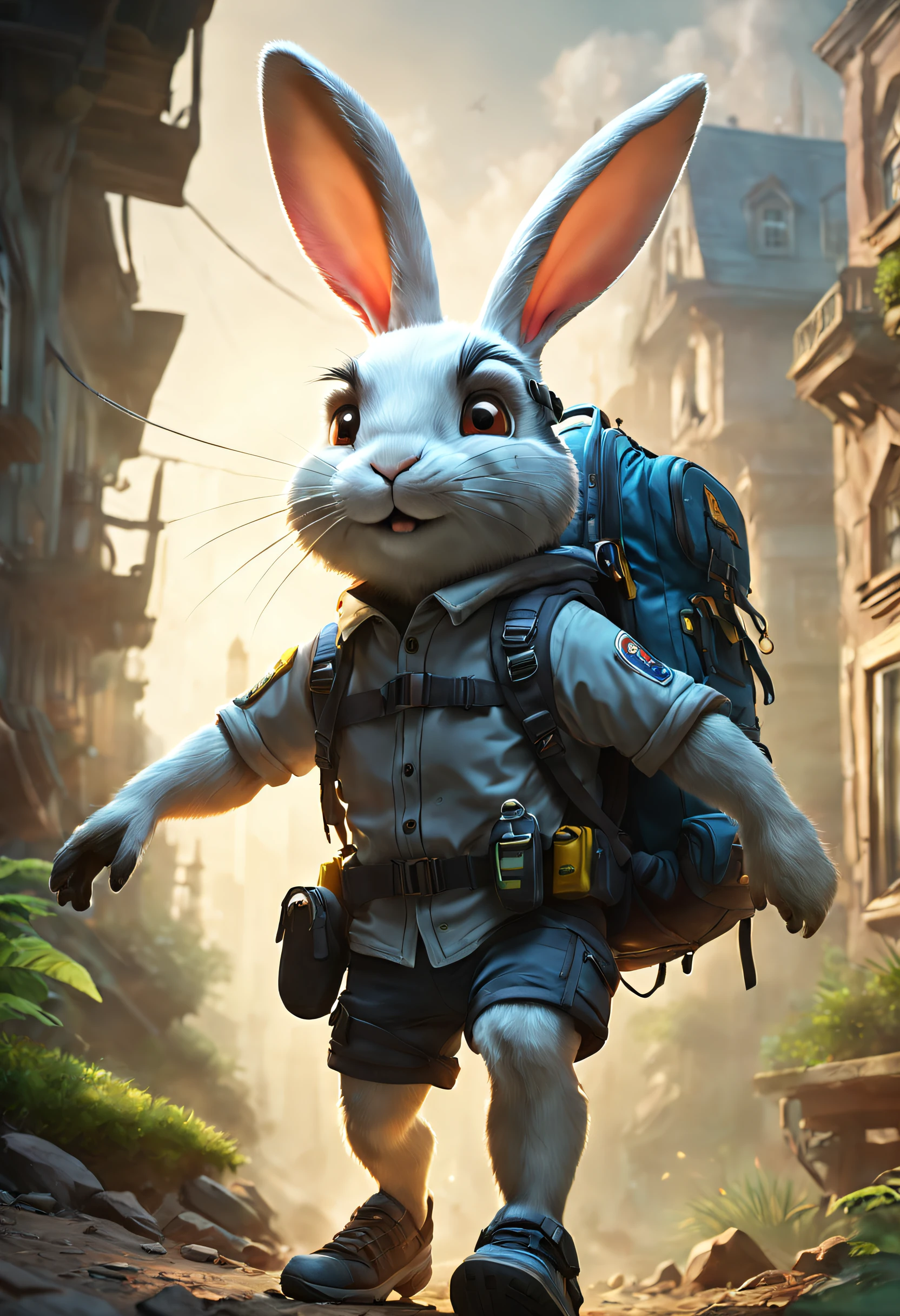 ((Best quality)), ((Masterpiece)), ((Realistic,Digital art)), (ultra - detailed),DonMBl00mingF41ryXL UraniumTechAI An adventurous bunny in an adventurous costume, Carrying an explorer's backpack, , Octane rendering, Ray traching, voluminetric lighting, The light from the back window is backlighted,rim lit, 8K, hdr,