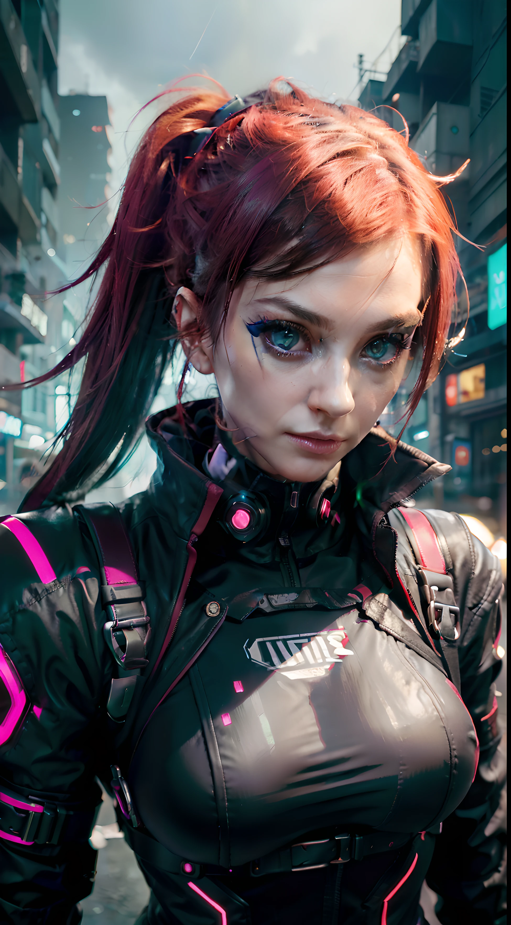 portrait,Female,assassin,Cyberpunk,dystopique,futuriste,sharp features,yeux expressifs,Red neon lighting,Edgy hairstyle,mysterious aura,Tenue en cuir,Technologie de pointe,Glowing Cybernetic Upgrades,Position puissante,Smoke-filled background,expression sinistre,Arme dangereuse,Cityscape,Vue au niveau de la rue,nuit,high contrast,environnement urbain,Implants technologiques,ruelle sombre,neon signs,Reflection on the rain-soaked road,Meticulous details,Best quality,high resolucion,photoreallistic,Art conceptuel,Couleurs vives,pose dynamique,hybride homme-machine,Mode Cyberpunk,Enhanced Senses