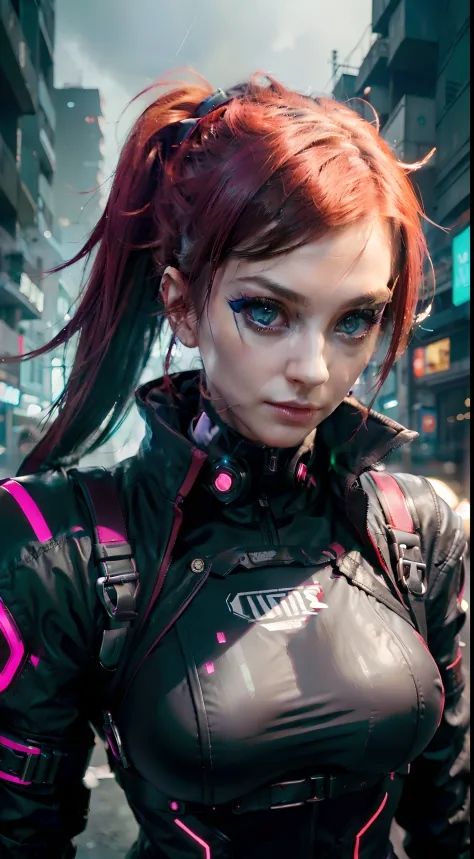 portrait,Female,assassin,Cyberpunk,dystopique,futuriste,sharp features,yeux expressifs,Red neon lighting,Edgy hairstyle,mysterio...
