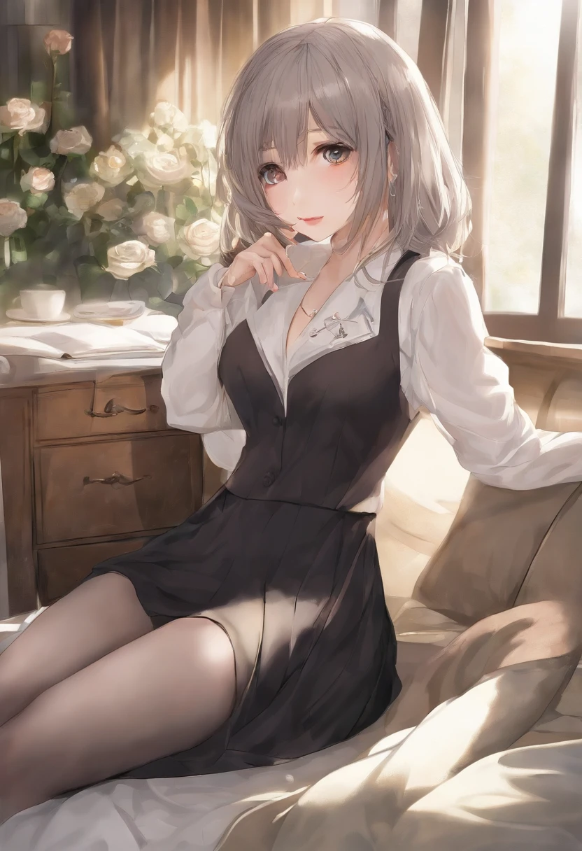 Anime girl sitting on a bed with a white shirt and black skirt - SeaArt AI