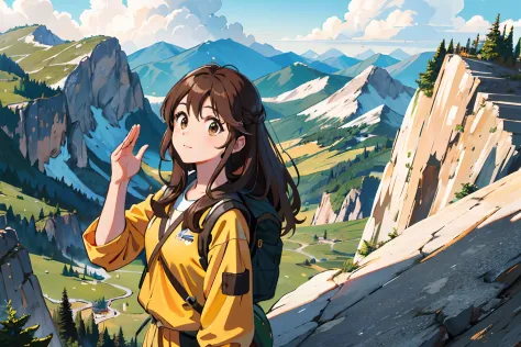 (Best quality, Masterpiece),Sunny，Broad lens，(Brown hair long)，Lively cute girl with long brown hair，Wear hiking clothes，mountaineering，Climb to the top，Resolute and forward，venture，High hills，