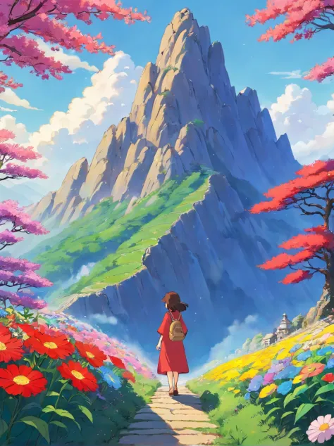It's a beautiful mountain，It is called Flower Mountain。it´s spring，The flower mountain is full of various flowers。red、Yellow、Blue、Purple...So brilliant and colorful。People call it "a hundred flowers compete for beauty"。