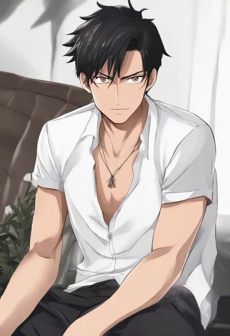 (Man in white T-shirt), ), Attractive and serious look, black color hair, Stylish and elegant, Slightly fat, Blindness in the eyes，sit on a bed，The eyes are covered in cloth，A man who resembles the manga character Luffy, (high quality and realistic image),...