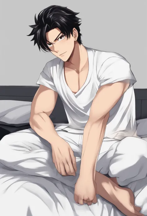 (Man in white T-shirt), ), Attractive and serious look, black color hair, Stylish and elegant, Slightly fat, Blindness in the eyes，sit on a bed，The eyes are covered in cloth，A man who resembles the manga character Luffy, (high quality and realistic image),...