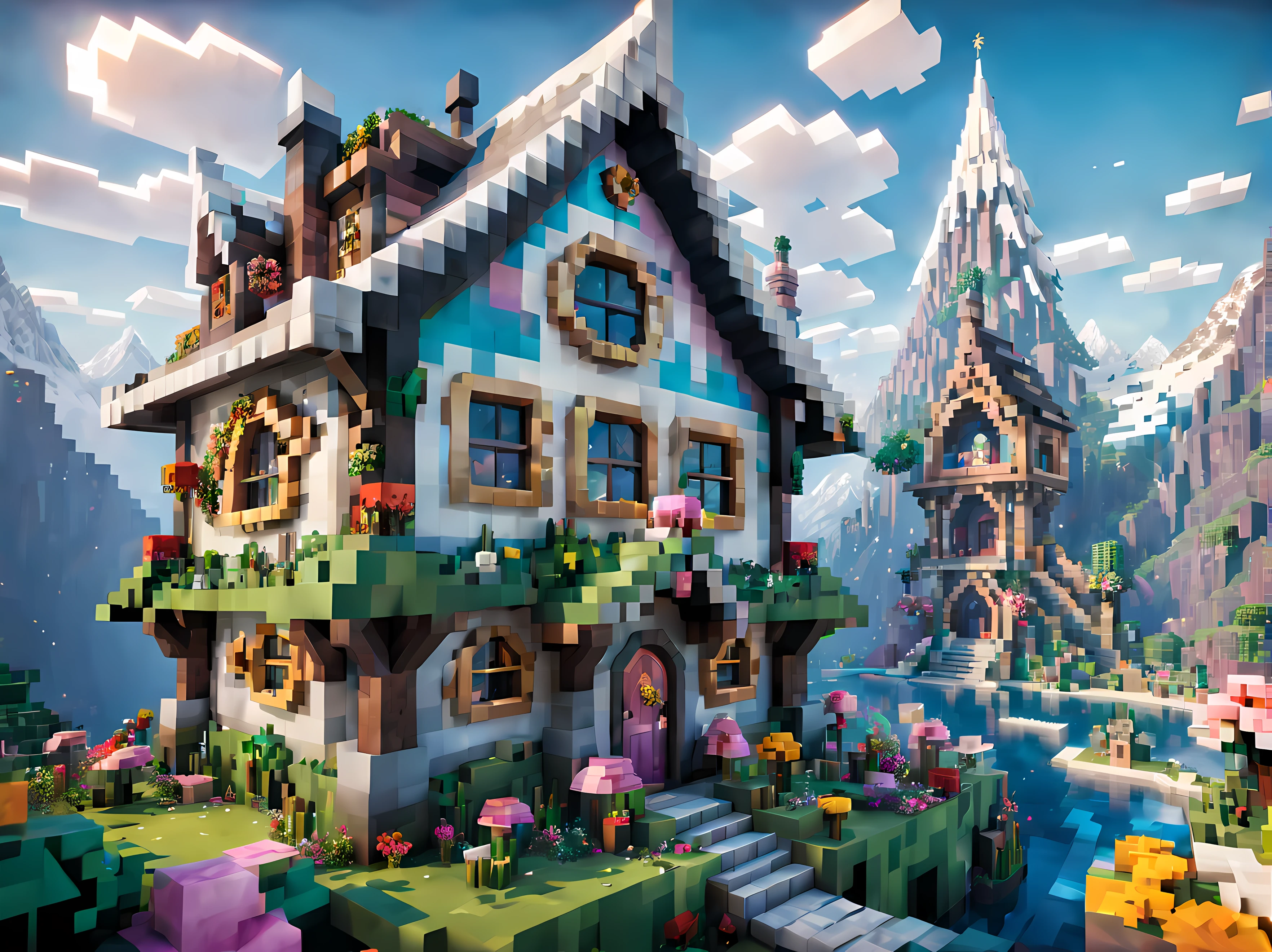 Estilo Minecraft (Ultrarealistic:1.3), (vista lateral:1.5) de um (Cabine de fadas alta grande) com janelas redondas, arte ambientalwork, arte ambiental, (decorações elegantes), (Libra Mística), (lindo:1.4), (atraente:1.3), épico nevado (montanhas), natureza de verão, bloqueado, pixelizado, cores vibrantes, (ornamentado feminino:1.3), Flores, (céu brilhante do céu), Partículas etéreas