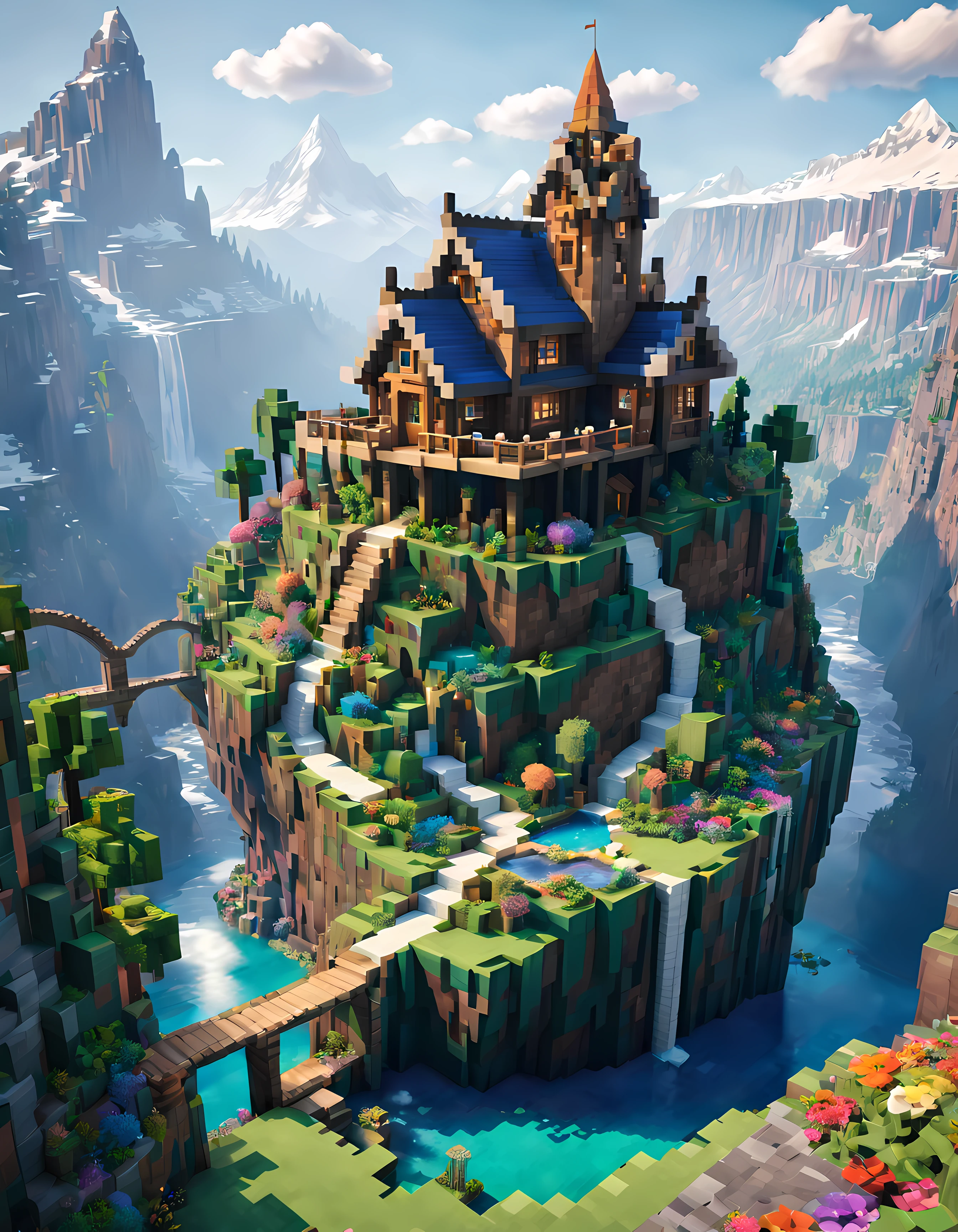 estilo Minecraft (Ultrarealista:1.3), (tiro lejano) de un (gran cabaña de hadas alta:1.2) con ventanas redondas, on top de un rocky hill, arte ambientalwork, arte ambiental, (decoraciones elegantes), (río místico), (hermoso:1.4), (atractivo:1.3), nevado épico (montañas), naturaleza de verano, en bloque, pixelado, colores vibrantes, (águila), flores, puentes etéreos, waterfalls En la distancia, (arcoíris:0.5), (árbol del mundo) En la distancia