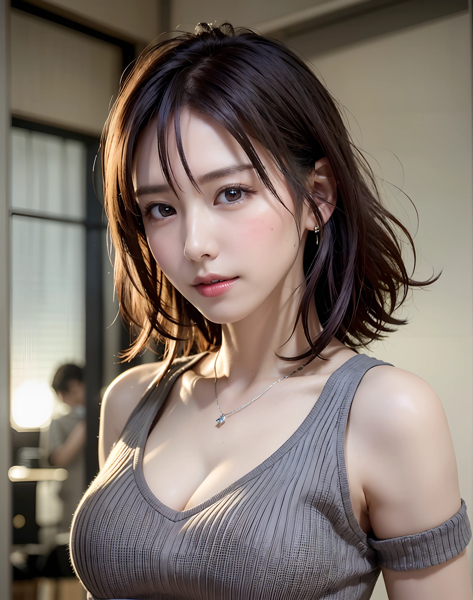 (in 8K, top-quality, ​masterpiece:1.2), (realisitic, Photorealsitic:1.37), ultra-detailliert, Natural sunlight, mideum breasts, I can see the cleavage, 1 persons, 25 year old woman,  Pendants, Torn shorts, Light Knit V-Neck Shirt, At the time of performance, extremely detailed face and skin, A detailed eye, extremely detailed face and skin