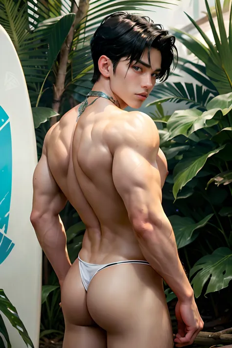 1 muscular corean male, 20 yo, symmetrical face, handsome face, perfect blue eyes, sparks, topless, ((lay around neck)), ((wearing only a sexy white thongs)), (men's short black hair: 1.5), white skin, (short thin hair made of gray strands), (((in a jungle...