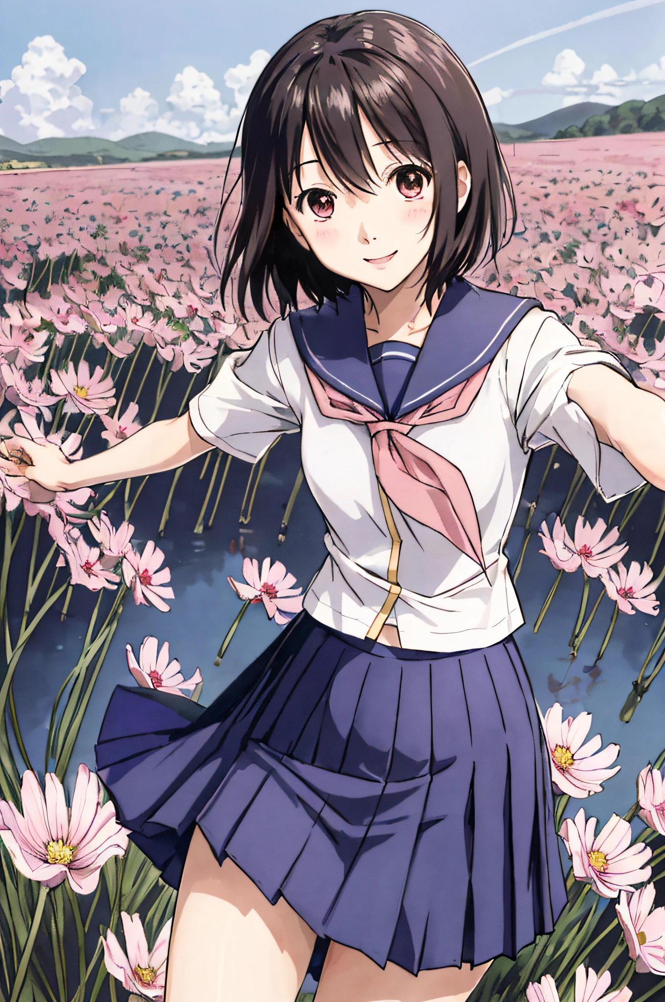 nakahara_misaki、a sailor suit、White blouse、Pink tie、Dark blue pleated skirt、Cosmos Field、、、The best smile、is standing、Panties are visible、Fluttering skirt、a miniskirt、fantastic landscape、strong breeze