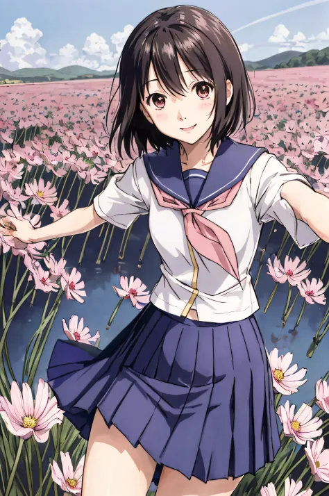 nakahara_misaki、a sailor suit、White blouse、Pink tie、Dark blue pleated skirt、Cosmos Field、lonely、、The best smile、is standing、Pant...