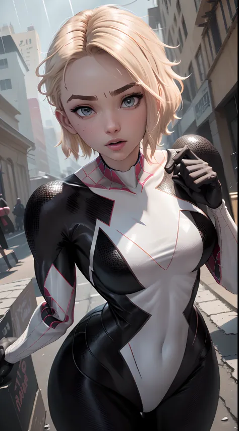 Spider-Gweb as a 18-year-old girl, upper body, close-up, black Spider-Man suit, short hair, blonde hair, beautiful face, fighting stance, rain, roof, masterpiece, exquisite details, perfect anatomy, cleavage, defiant expression
