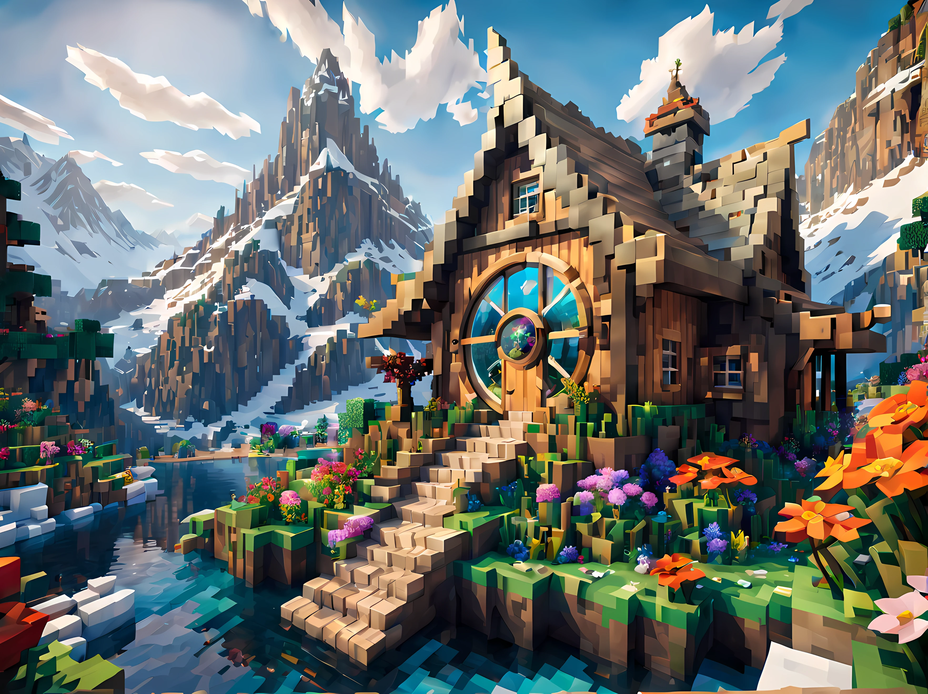Minecraft style (Ultrarealistic:1.3), big (fairy) cabin with round windows, environmental artwork, environmental art, elegant decorations, feast, pound, (fishing), (beautiful:1.4), (attractive:1.3), epic snowy mountains, windy summer nature, blocky, pixelated, vibrant colors, (dragon in the sky), flowers